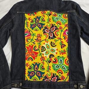 Jack London Denim Jacket Mens Medium Dark Blue Colorful Corduroy Floral Patch